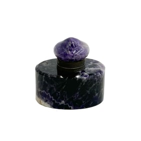 English Blue John Carved Stone Inkwell Metal Mounts 19th century