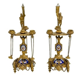 Pair French Napoleon III Gilt Bronze Porcelain Mounted Candlestick Holders