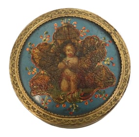 Continental Lacquered Wooden Inlay Marquetry Round Trinket Box Late 19th C.