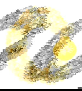 Julia J Boss 18k Yellow Gold Diamond White Sapphire Citrine 4 Strand Necklace: Julia J Boss 18k yellow gold diamond white sapphire and citrine 4 Strand Necklace. Shell clasp with figural gold and orange citrine crab to center. The eyes with one white sapphire and the other with