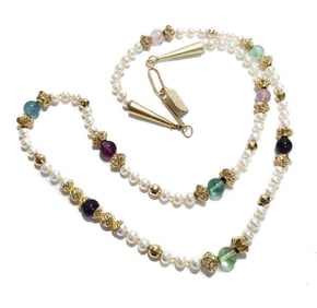 14k Yellow Gold Cultured Pearl Amethyst and Emerald Single Strand Necklace