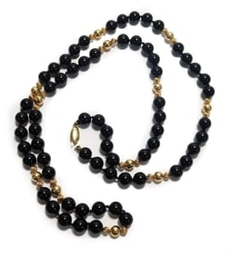 14k Yellow Gold Black Onyx Beaded Single Strand Necklace