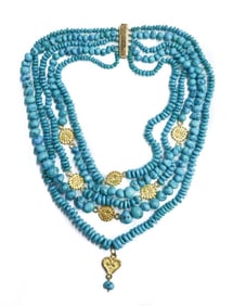 18k Yellow Gold and Turquoise 5 Strand Necklace Floral Spacers