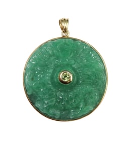 14k Yellow Gold Jade and Period and Black Onyx Carved Necklace Pendant