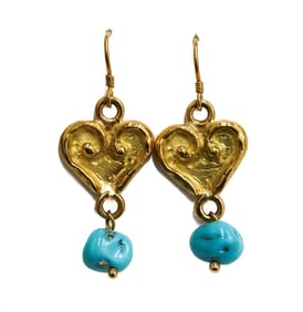 18k Yellow Gold and Turquoise Heart Dangle Earrings