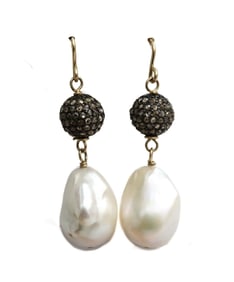 14k Yellow Gold Freshwater Pearl and Brown Diamond Drop Earrings