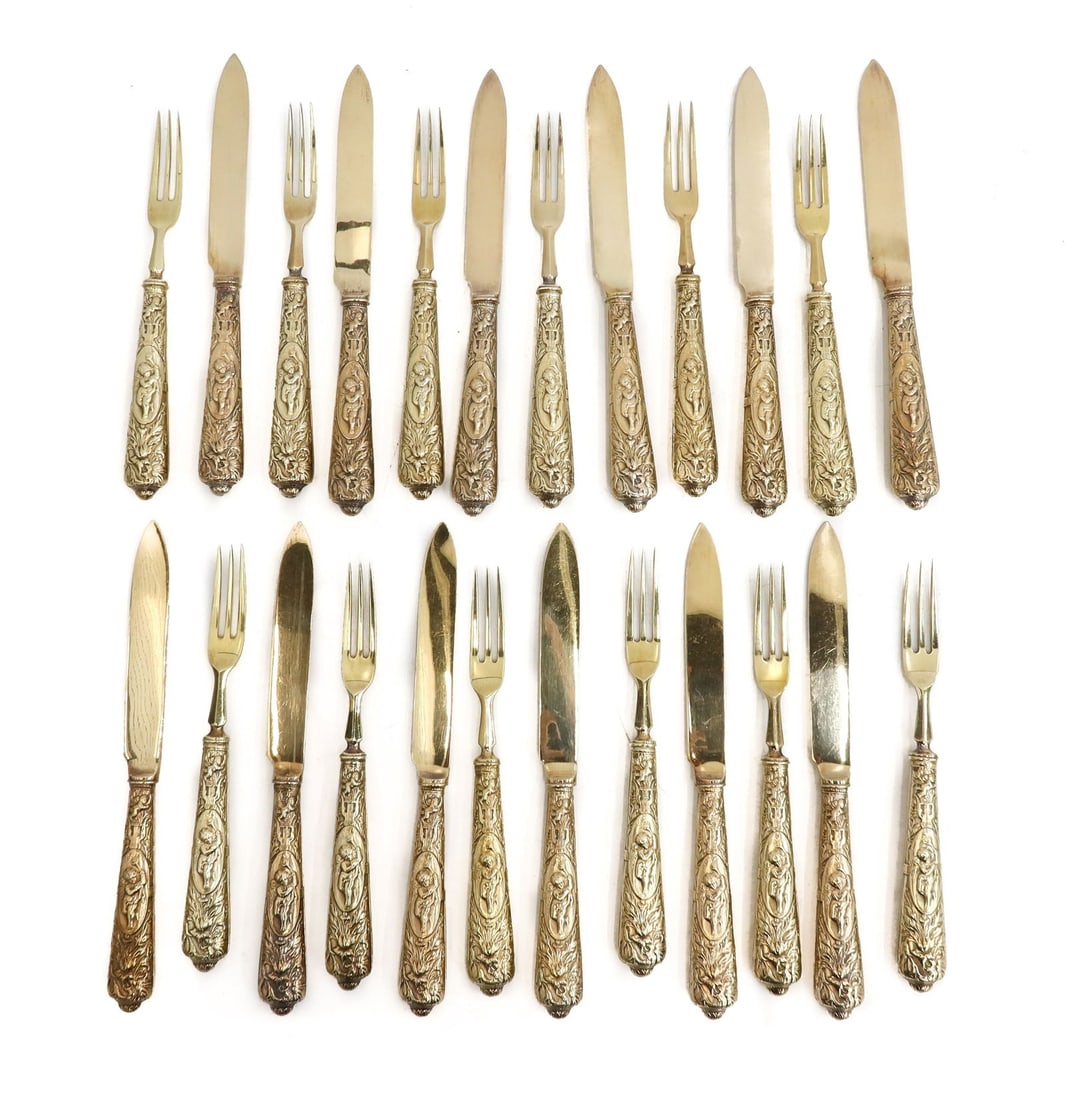 Charlie Jacques London Gilt Sterling Silver Fruit or Dessert Forks Knives for 12 (1 of 13)