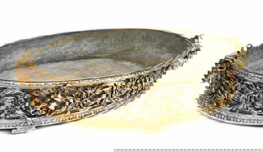Christofle Gilt Silver Plate Centerpiece Planter or Jardinere, 19th C: A large and impressive gilt silvered bronze planter or jardiniere by Christofle, with open work depicting fruiting vines, the handles realistically modeled as rams heads. With metal liner. Full marks