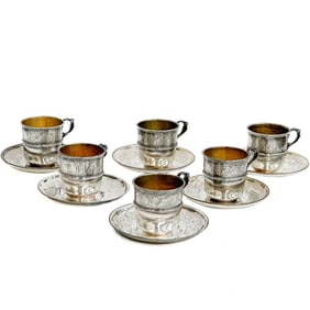 6 Christofle France Silverplate Demitasse Cup and Saucers Gilt interior c 1900