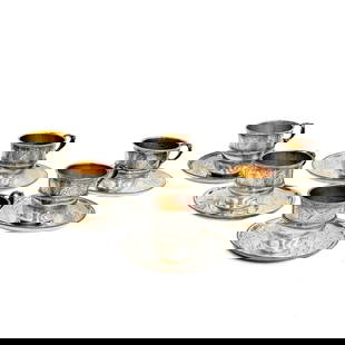 6 Christofle France Silverplate Demitasse Cup and Saucers Gilt interior c 1900: 6 Christofle France silver plate Demitasse Cup and Saucers, circa 1900. Elegant hand engraved designs, gilt interiors. Christofle marks to the underside of each. Weight Approx., 3 lbs 