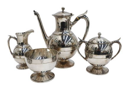 Gorham Mfg. Silver Soldered 4 Piece Coffee Service circa 1900: Gorham Mfg. Silver Soldered 4 Piece Coffee Service, circa 1900.Portrait medallions to the circular band with monogram. Gorham mark to underside. Circa 1900. The set includes a coffee pot, creamer,