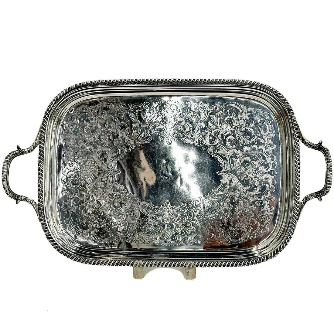 Georgian William Bennett English Sterling Silver Handled Tray 1811: George III William Bennett English Sterling Silver Handled Tray, 1811. Rectangular tray, ornate engraved foliate decoration to the center, beaded edge and handles. London silver hallmarks to the under