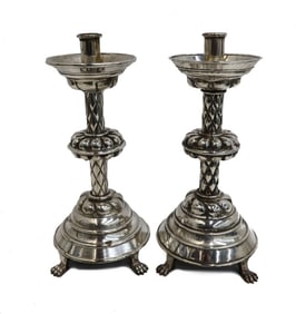 Pair European Silver Plate Claw Footed Candlesticks 19th century