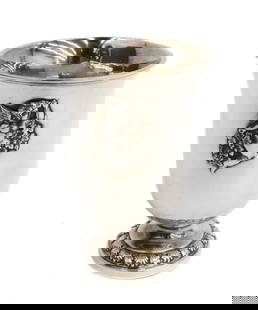 German 812 Silver Footed Cup, Applied Cupid, 19th Century: German 812 silver footed beaker, 19th Century. Applied cupid to center with an etched leaf base. German silver marks to underside. Approximate weight: 3.38 ozt Measurements: Approx., 3.25 inches