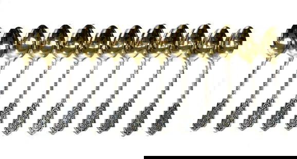 12 Russian 875 Gilt Silver & Niello Teaspoons: 12 Russian 875 gilt silver & niello teaspoons, Mid Century. Niello flowers front handle handle. Russian hallmarks to the underside of the handles. Weight Approx., 10.6 ozt Measures Approx., 5.5