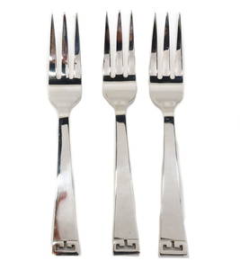 3 Allan Adler Sterling Silver Hand Hammered Forks in Chinese Key: 3 Allan Adler sterling silver hand hammered forks in Chinese Key, Mid Century. Pierced Chinese key to edge of handle. Signed Allan Adler to underside. Weight:approx. 4.69 ozt Measurements: Approx.