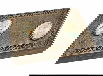 Middle Eastern Sterling Silver Pierced Potpourri Box: Sterling silver table potpourri box, with two finely painted miniatures raised and framed hand painted portraits a man and woman. Marked sterling silver along edge of rim. Middle Eastern, but also