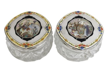 Pair Austrian 935 Silver 14k Gold and Mother of Pearl Inlay Glass Jars c1930