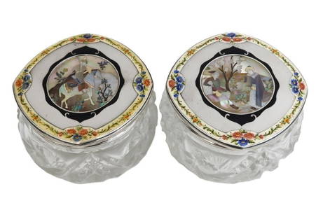Pair Austrian 935 Silver 14k Gold and Mother of Pearl Inlay Glass Jars c1930: Pair Austrian 935 silver 14k gold and Mother of Pearl inlay lidded glass powdered jars, circa 1930. The lids with floral enamel edges and a multi-colored mother of pearl and 14k gold center depicting