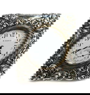 Black Starr and Frost Sterling Silver Swiss 8 Days Miniature Table Clock 1899: Black Starr and Frost sterling silver Swiss 8 Days miniature table clock, 1899, Etched florals throughout and inscribed "Regina from LLB July 16, 1899" to top. Swiss mark to face. Black Starr and