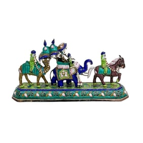 Indian Minakari Meenakari Enamel Silver Figurine Procession Elephant Camel c1940
