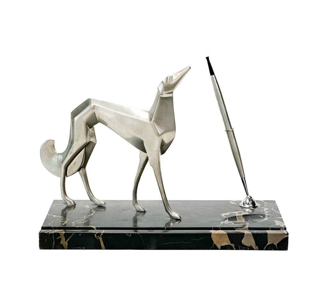Art Deco Silvered Metal Figural Greyhound Dog Portoro Marble Pen Stand (1 of 7)
