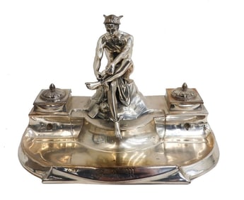 German Hermes Mercury Silverplate Double Inkwell Tray by Kayser son Krefeld