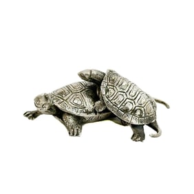 Japanese Silver Plate Tortoises Figurine Signed Yoshihide
