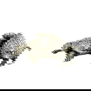 Japanese Silver Plate Tortoises Figurine Signed Yoshihide: Japanese Silver Plate Tortoises. Depicts two tortoises, underside marked ??? Yoshihide koku (made by Yoshihide) Approximate weight: 1.5 lbs Measurements: Approx., 4.625 inches x 3 inches x 2 inches