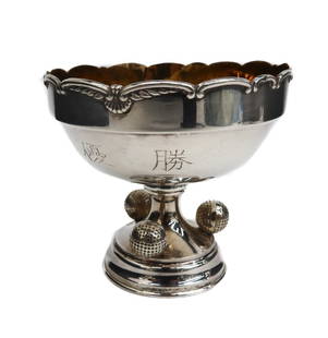 Silver Footed Gold Wash Bowl: Silver Footed Gold Wash Bowl. Scallop rimmed footed bowl with golf balls. Etched Japanese or Chinese characters. Tests for over 90% silver. Weight Approx., 3.34 ozt Measures Approx., 3.9 inches