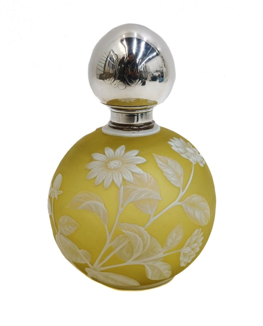 Gorham Sterling Silver Mounted Cameo Art Glass Thomas Webb Scent Bottle c1900: Gorham Sterling Silver mounted cameo art glass round scent bottle attributed to Thomas Webb, circa 1900. Yellow ground with acid etched white flowers throughout. 3 letter mo monogram to sterling silve