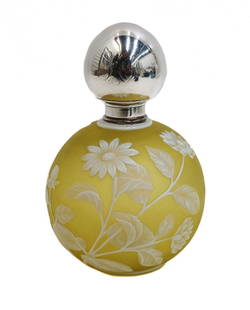 Gorham Sterling Silver Mounted Cameo Art Glass Thomas Webb Scent Bottle c1900: Gorham Sterling Silver mounted cameo art glass round scent bottle attributed to Thomas Webb, circa 1900. Yellow ground with acid etched white flowers throughout. 3 letter mo monogram to sterling