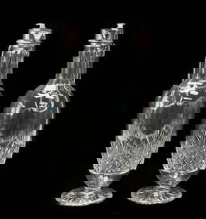 Pair Barend Enzering Dutch Silver Mounted Cut Glass Pitchers circa 1825: Pair Barend Enzering Dutch .835 silver mounted cut glass pitchers, circa 1825. Glass pitchers with cut fan and diamond pattern to the base, star cut feet. Silver mounted spouts with hinged lids, a