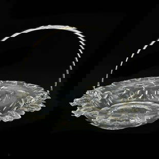 Dutch 833 Silver Mounted Cut Glass Basket Bowl 1876: Dutch 833 Silver Mounted Cut Glass Basket Bowl, 1876. Silver basket handle, floral and leaf form decoration. Dutch silver hallmarks, unidentified maker's marks. Cut glass basket. Weight: Approx. 2.5