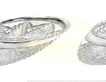 John Grinsell & Sons Birmingham Sterling Silver Mounted Cut Glass Bowl, 1923: John Grinsell & Sons Birmingham sterling silver cut glass bowl, 1923. Cut glass diamond designs throughout the exterior. John Grinsell & Sons Birmingham sterling silver mark around the rim. Weight