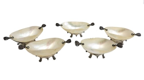5 Vintage Mother of Pearl and Twin Silvered Handled Open Condiment Salt Cellars