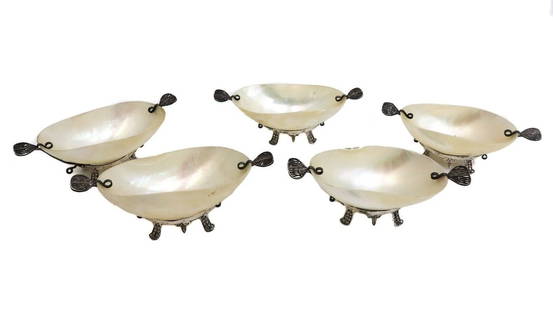 5 Vintage Mother of Pearl and Twin Silvered Handled Open Condiment Salt Cellars: 5 Vintage Mother of Pearl and Twin Silvered Handled Open Condiment Salt Cellars. Overlay tests for silver. Weight: Approx. 0.5 lbs Measurements: Approx. 4.25 inches x 1.8 inches x 1.25 inches