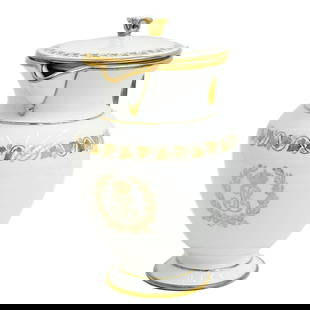 Manufacture de Sevres Chateau de Trianon Water Pitcher Pot a Decoction 1845: Manufacture de Sevres Chateau de Trianon Gilt Porcelain Water Pitcher Pot a Decoction, 1845. A white ground decorated with gilt ivy leaves to the edge, stylized monogram to the center beneath a crown