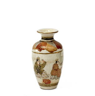 Japanese Satsuma Hand Painted Porcelain Miniature Vase, Meiji Period: Japanese Satsuma hand painted porcelain miniature vase, Meiji period. Vase decorated with a panel of two scholars, colorful decoration to the upper edge. A crackle finish and gilt accents. Japanese