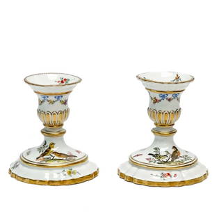 Pair Meissen Marcolini Period Germany Ornithological Porcelain Candlesticks: Pair of Meissen Marcolini Period Germany ornithological hand painted porcelain candlestick holders, circa 1800. A white ground with hand painted birds and flowers throughout, gilt accents. Meissen