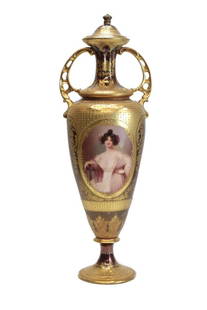 Dresden Germany Jeweled Portrait Urn, 19th Century: Dresden hand painted porcelain double handled urn, late 19th century. A beautiful brown and gilt encrusted urn with hand painted gilt florals and foliate scrolls throughout. blue enamel jewels to the