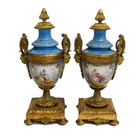 Pair Sevres France Hand Painted Porcelain Twin Handled Decorative Urns c1900