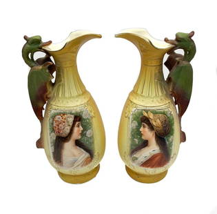 Pair Royal Wettina Austria Porcelain Pitchers, circa 1900: Pair Royal Wettina Austria porcelain pitchers, circa 1900. The central area depicts two period era beauties. Royal Wettina mark to the underside. Weight Approx., 2 lbs Measures Approx., 5 inches x
