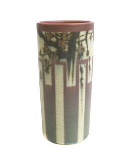 Rookwood Vellum Porcelain Vase by Edward Hurley, 1914 #1124 V: Rookwood Vellum Porcelain Vase by Edward Hurley, 1914 #1124 V. A pink and white ground with florals towards top. Rookwood mark to underside with model number #1124 and artist initials for Edward