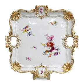 Meissen Germany Hand Painted Floral Porcelain Twin Handled Square Tray