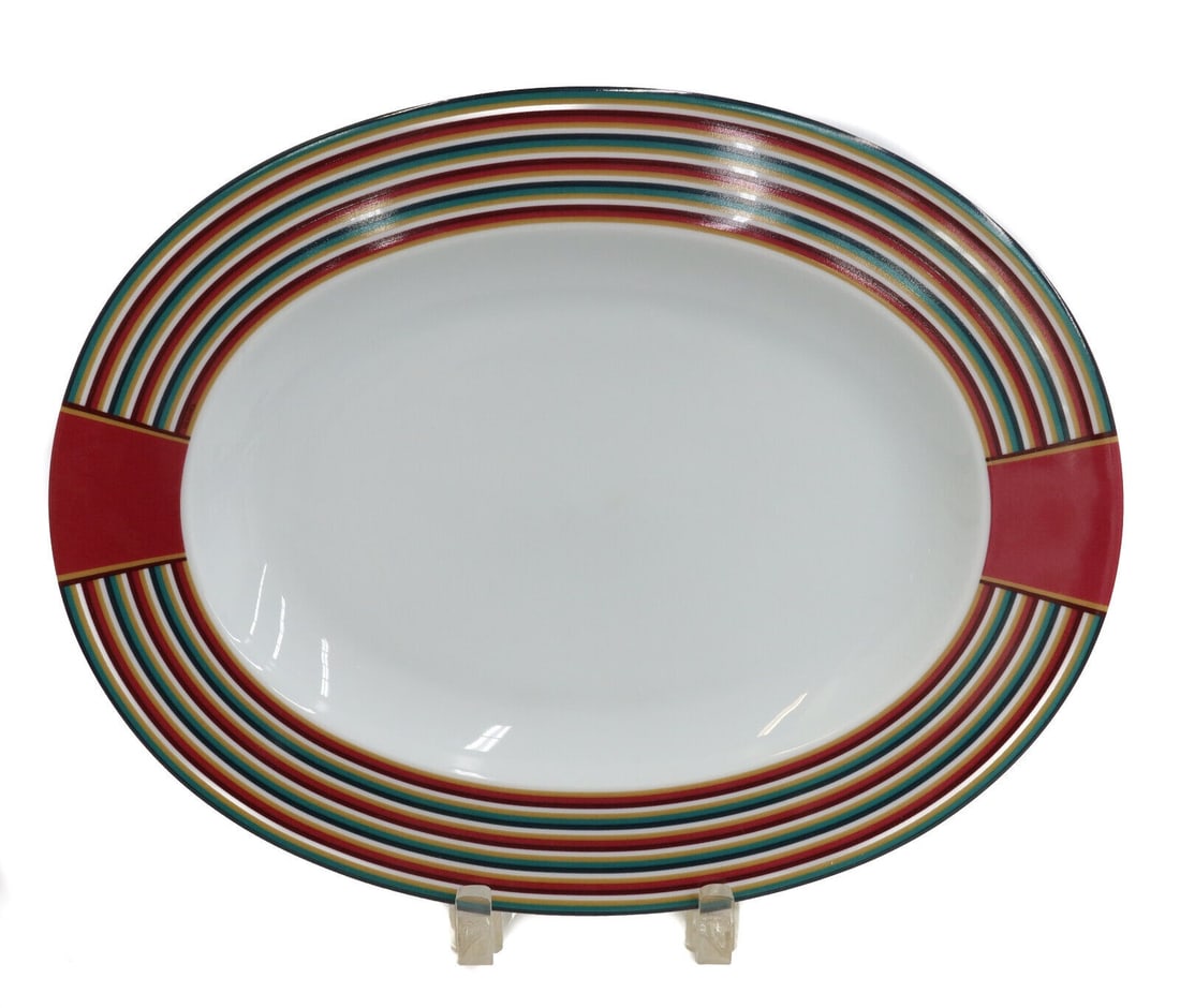 Hermes Paris Porcelain Oval Serving Tray in Attelage, Red and Green Stripes (1 of 7)