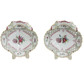 Pair Meissen Germany Hand Painted Reticulated Porcelain Bowls Dishes 19th cen