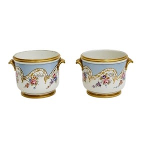 Pair French Hand Painted Porcelain Cache Pots circa 1930