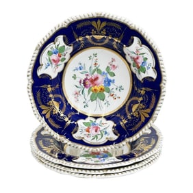 4 Royal Crown Derby Hand Painted Rimmed Soup Bowls Cobalt Blue c1880