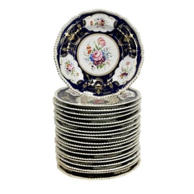 20 Bloor Derby Hand Painted Dinner Plates Florals Cobalt Blue